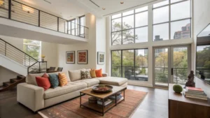 Modern duplex living room with open layout and large windows