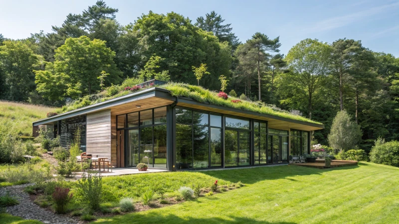 A modern eco-friendly house surrounded by lush greenery