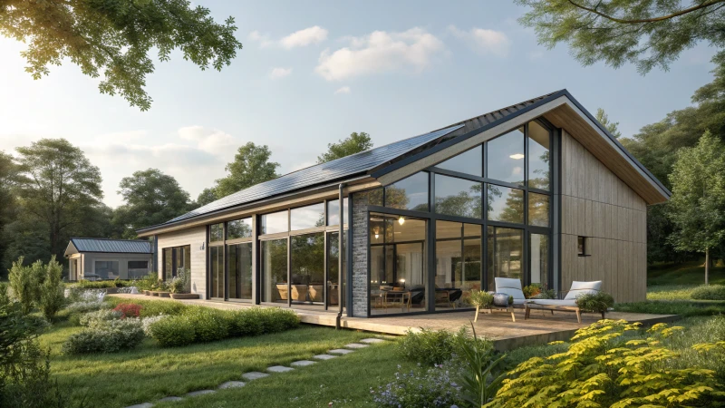 A modern Etong house with large glass windows surrounded by greenery.
