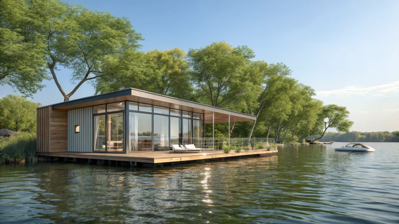 A modern floating home surrounded by trees on calm waters