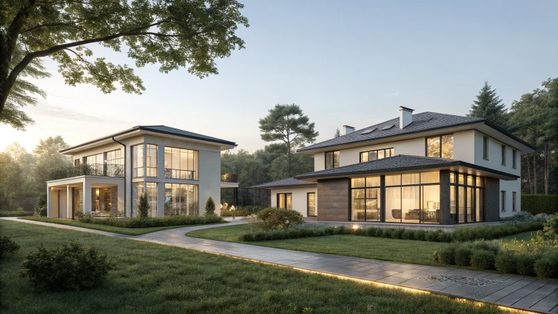 A comparison of two modern houses in a serene outdoor setting