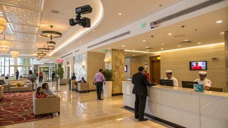 A bustling hotel lobby with guests and security staff
