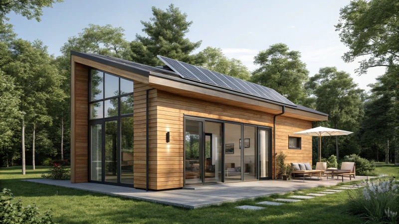 A modern micro house in a green landscape with solar panels and large windows.