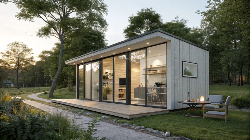 A modern micro house in a green outdoor setting