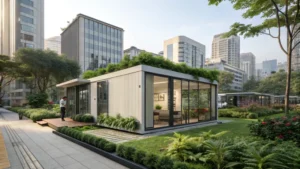 A modern modular capsule house in an urban setting