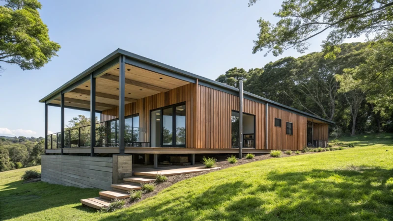 A modern modular home in a green landscape under a clear blue sky