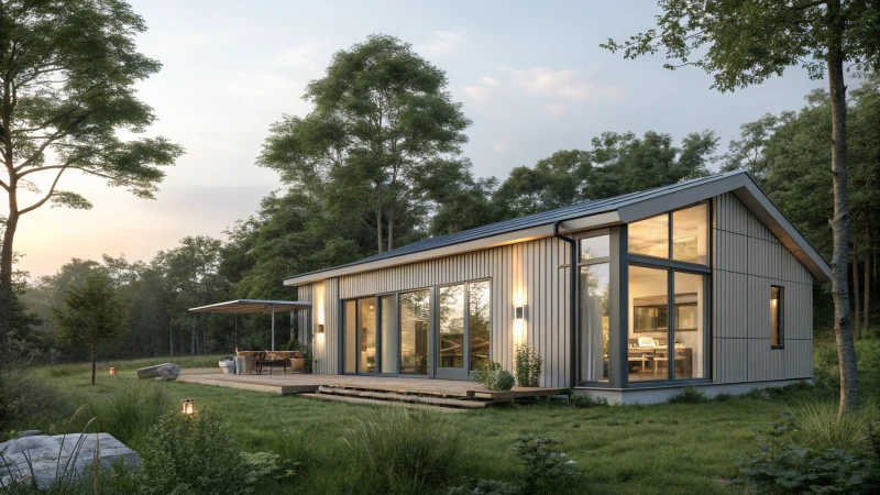 A modern modular home surrounded by lush greenery