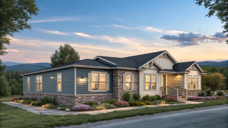 A modern modular home in a sunset landscape
