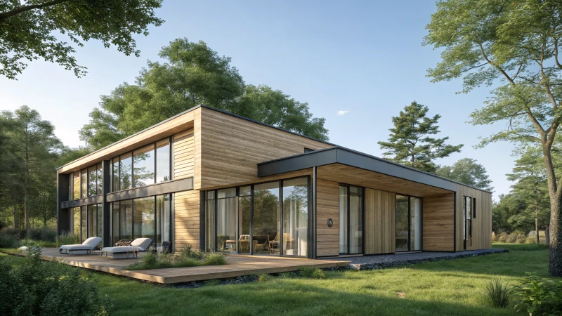 A modern modular house with large glass windows and wooden panels in a lush landscape.