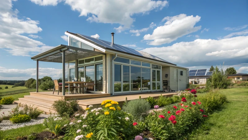 A modern modular house surrounded by greenery and flowers