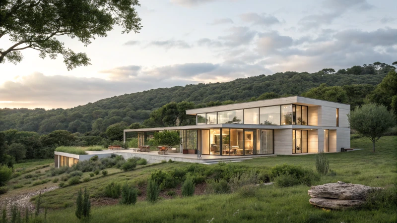 A modern modular house with large windows in a green landscape