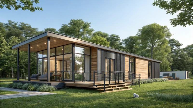 Modern modular housing unit with large windows in a green landscape