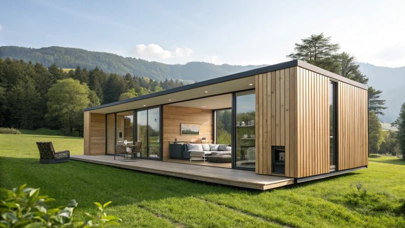A modern portable prefab home in a green landscape