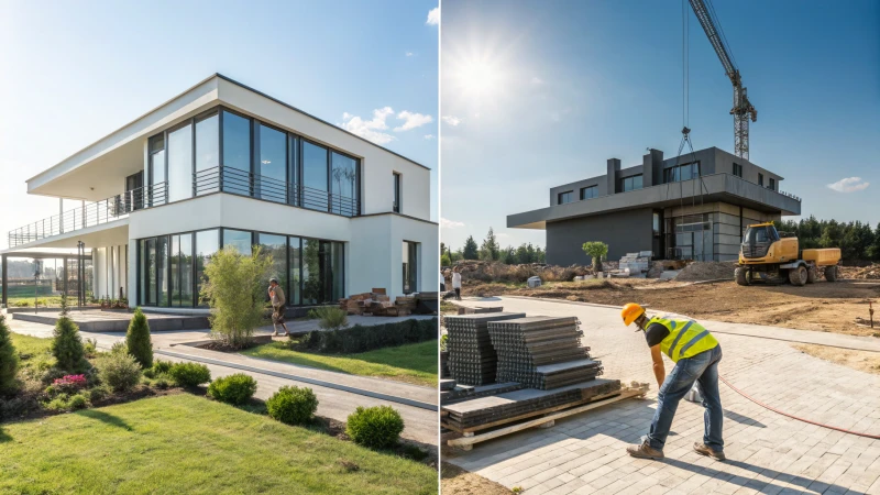 Comparison of a modern prefab home and a construction site
