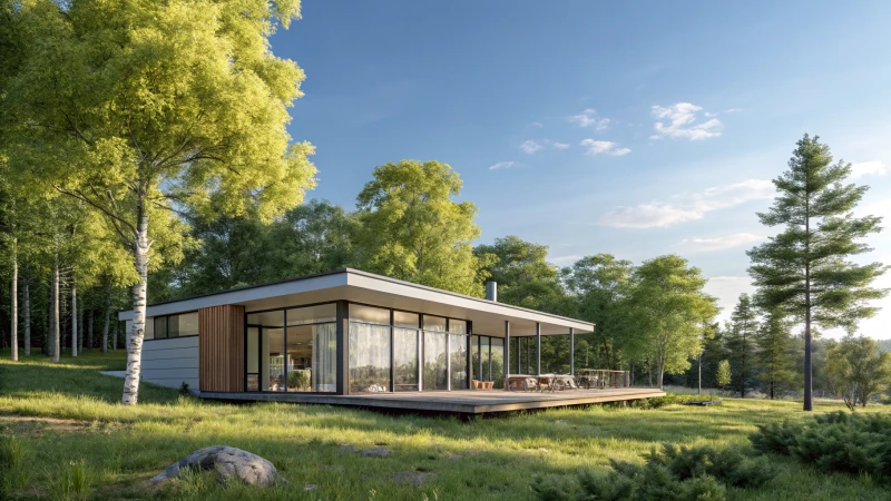 A modern prefab house surrounded by greenery