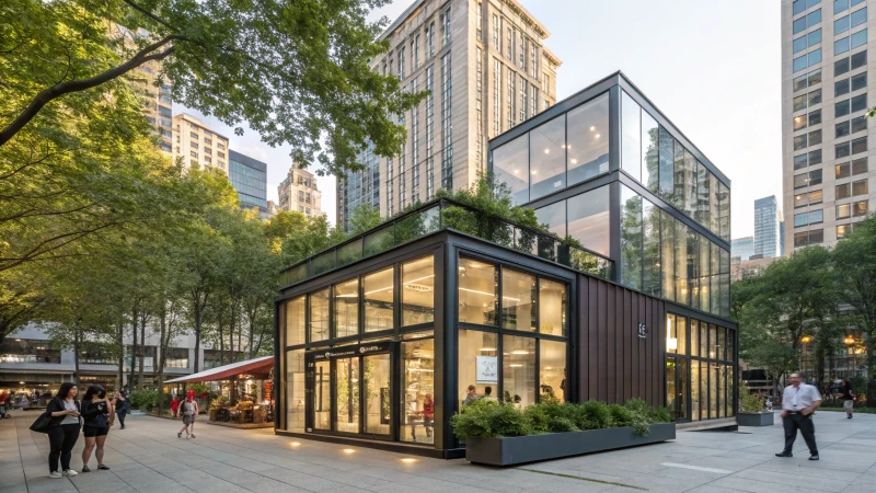 A modern prefabricated building with large glass panels in an urban setting.
