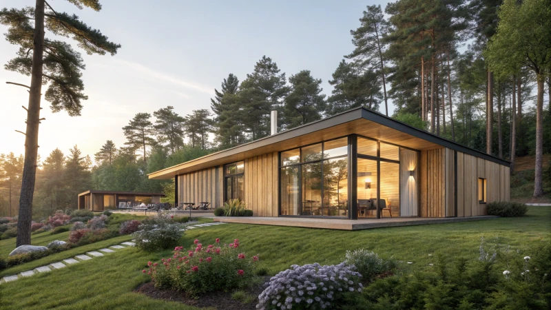 A modern prefabricated home with large glass windows and wooden exterior in a natural landscape