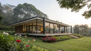 A modern prefabricated home in a lush green environment