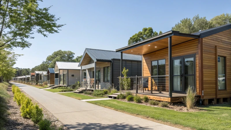 A row of diverse modern prefabricated homes in a suburban landscape