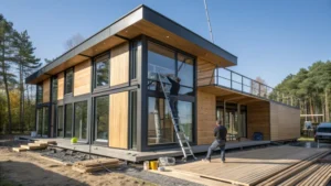 A modern prefabricated house under construction with workers and materials