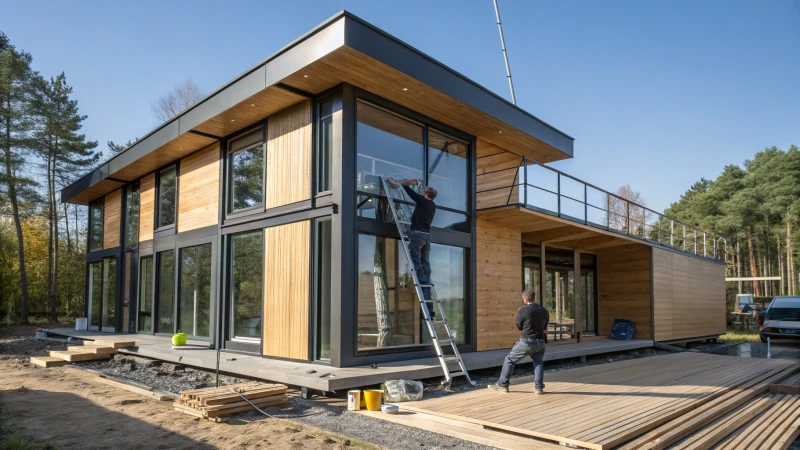 A modern prefabricated house under construction with workers and materials