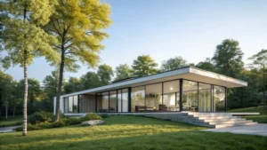 A modern prefabricated house with large glass windows in a green landscape