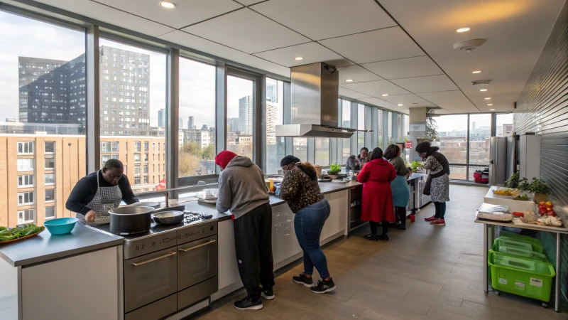 A modern shared kitchen with diverse residents cooking together