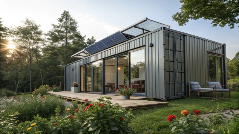 A modern shipping container home surrounded by greenery