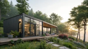 A modern shipping container home in a natural setting