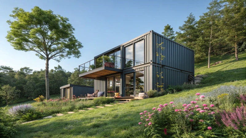 A modern shipping container home in a green landscape
