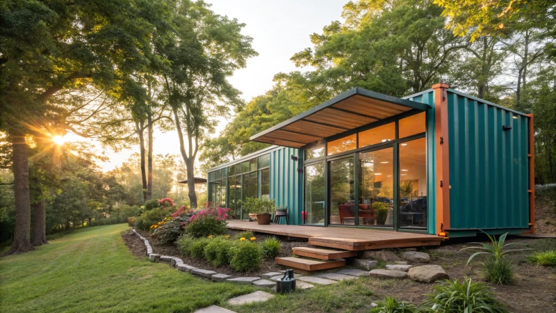 A modern shipping container home surrounded by lush greenery and sunlight.