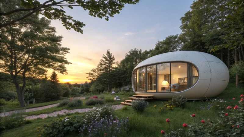 A modern space capsule house in a lush green environment