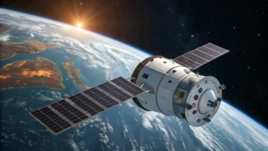 A modern space capsule orbiting Earth with solar panels extended