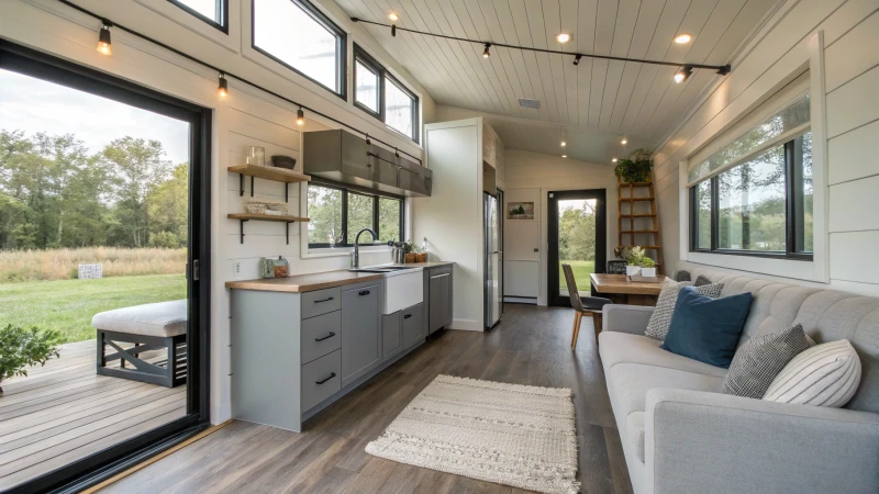 Interior of a modern tiny home with large windows and minimalist furniture