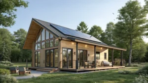 A modern tiny home in a peaceful rural setting with large glass windows and solar panels
