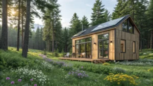 A modern tiny house in a green forest surrounded by wildflowers