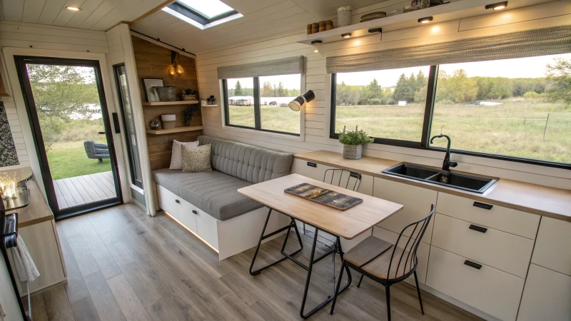 Photorealistic interior of a modern tiny house with multipurpose furniture