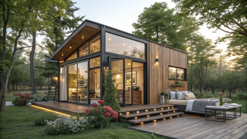 A modern container home with large windows and solar panels