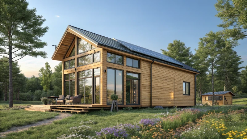 Modern shipping container house in a suburban garden