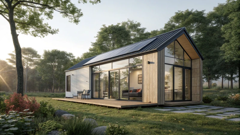 A modern tiny house with large glass windows in a natural landscape