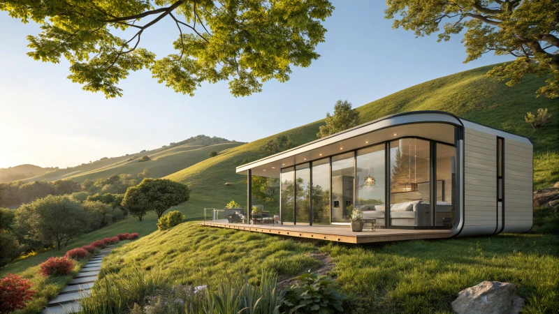 Photorealistic image of a modern Volferda capsule house in a natural setting