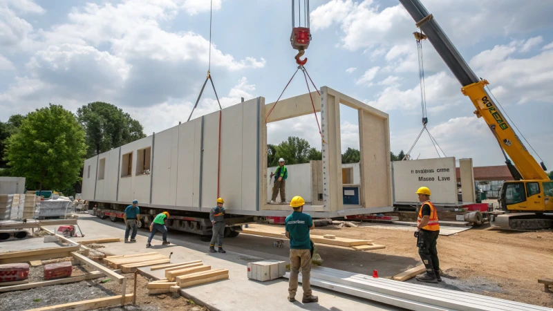 Construction site of a modular home with cranes and workers