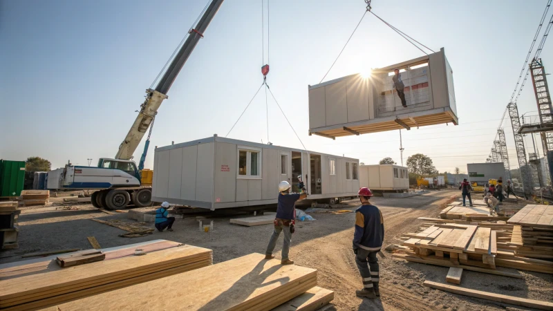 Construction site of a modular home with workers and cranes