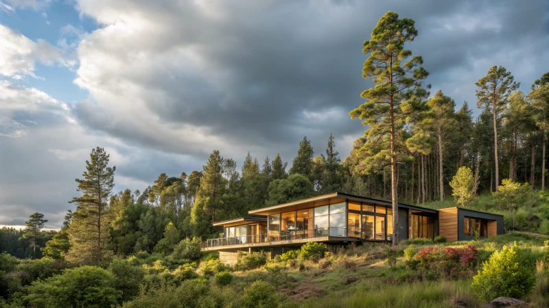 A modern modular home surrounded by lush greenery