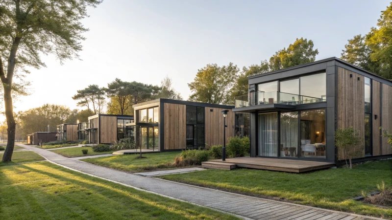 A cluster of modern modular housing units in a green landscape