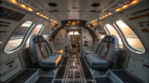 Interior view of the Orion Space Capsule with astronaut seats and control panels