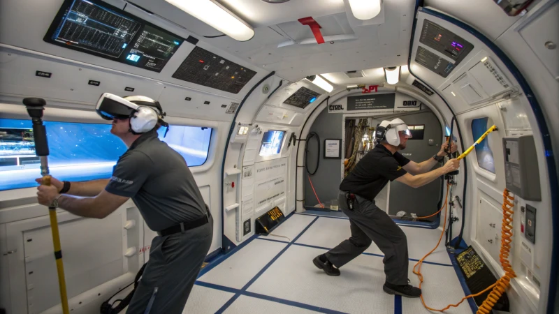 Two astronauts in the Orion spacecraft using VR headsets while exercising