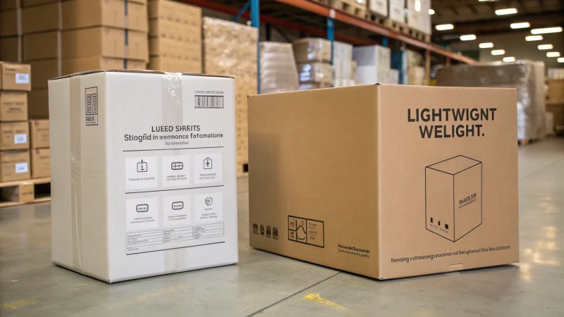 A visual comparison of optimized and poorly designed product packaging in a warehouse setting.