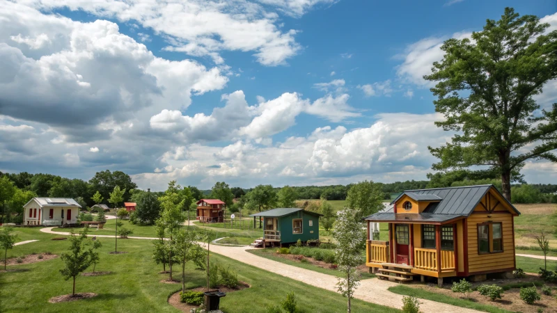 A scenic view of tiny homes in a lush green landscape