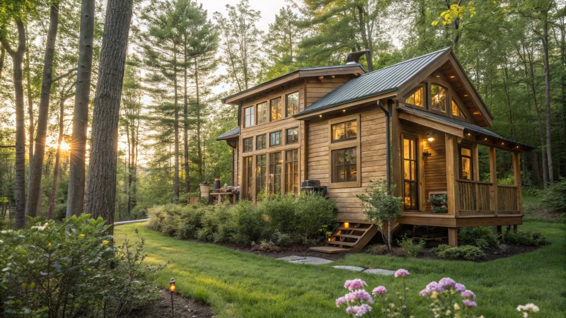A tiny wooden home surrounded by trees and greenery